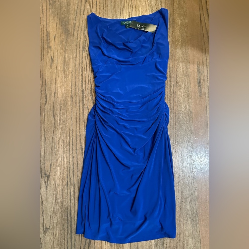 NEW Lauren Ralph Lauren Cobalt Dress-Draped Front Neckline-Ruched Detail-Size 6
